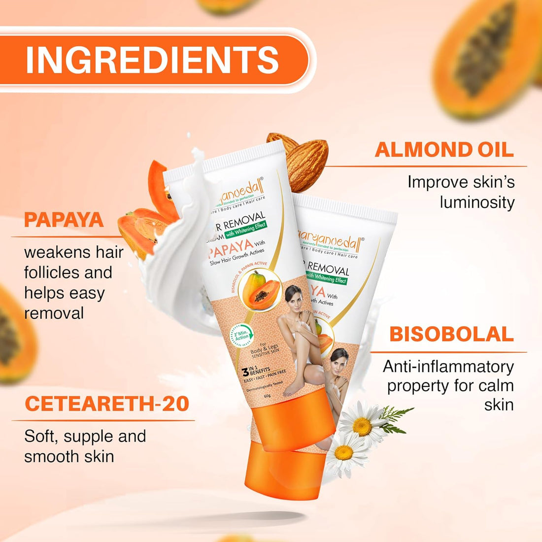 Aaryanveda Papaya Hair Removal Cream - 60 GM