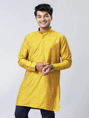 Ramraj Mens Cotton Checked Greenish Yellow Medium Length Kurta RB9 - Daily Needs Products