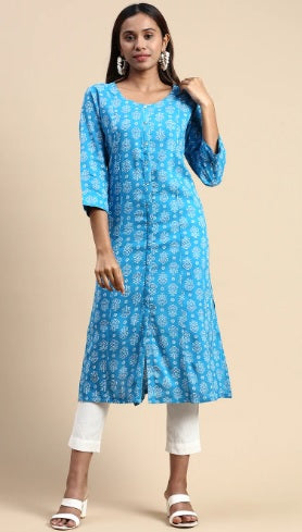 Ramraj Women Cotton Flower Printed Round Neck Straight Cut Kurti - Daily Needs Products