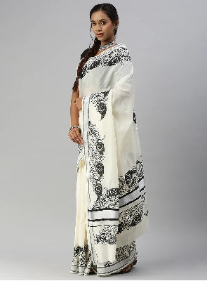 Ramraj Womens Kerala Cream Peacock Feather Printed Saree with Silver Zari Border - Daily Needs Products